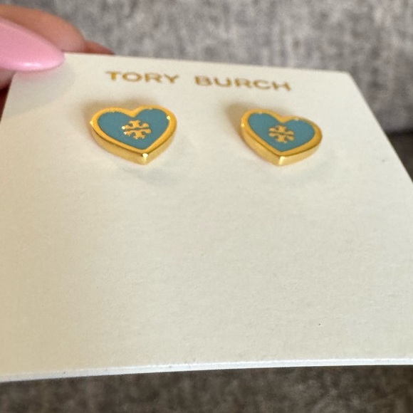 Tory Burch Turquoise and Gold Heart Stud Earrings - Picture 2 of 4